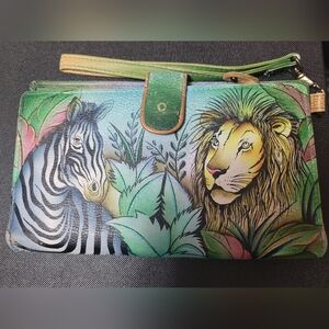 Anuschka Hand-Painted Leather Wallet Lion Zebra Sunset Art